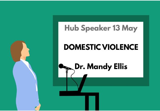 Graphic of a speaker with a slide screen saying Domestic Violence